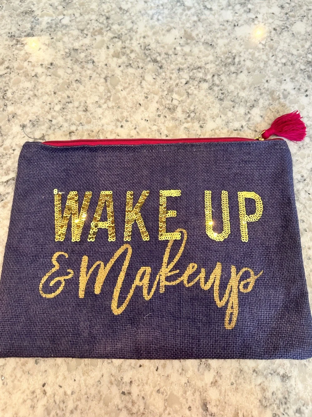 Mud Pie Navy Makeup Pouch with Gold Sequin Text and Pink Tassel